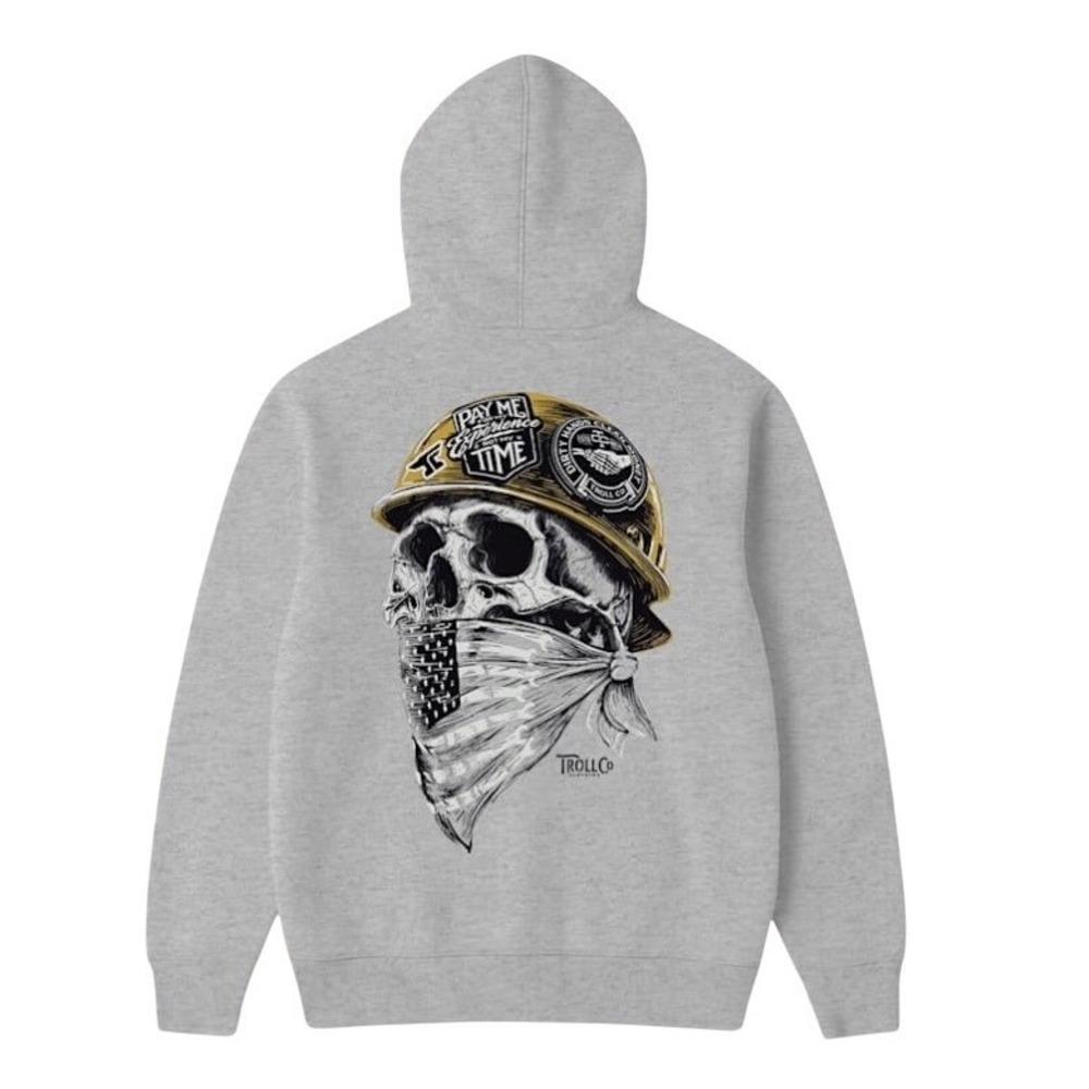 NWT Troll Co Clothing Mens Dirty Hands Clean Money Skull Hard Hat Hoodie Gray M